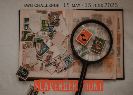 SWG Challenge - Scavenger Hunt - May 15 through June 15, 2026 - image shows an open book and scattered postage stamps beneath a magnifying glass