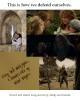 Moodboard pictures, clockwise from upper left: person with a harp, the Gamgee family from the end of RotK, Gandalf and Bilbo smoking, Eowyn facing the Witch-king, and the "There and Back Again" screenshot from RotK. Text reads: "This is how we defend ourselves: sword and shield, song and story, family and friends."