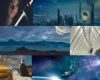 Moodboard: man holding tube of white light, scifi cityscape, mountains with two moons hanging above, white triangular-shaped corridor, woman holding a blue lightsaber with a white wolf at her side, spaceship entering wormhole