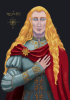 A portrait of Glorfindel Renaissance style. He's wearing a light blue doublet with golden embroidery and a red cloak held together with a gold brooch in the shape of a celandine. 