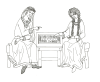 Black and white line drawing in a medieval style.  Finrod and Andreth sit on cushioned chairs with a table between them.  On the table is a mancala board, which Andreth is teaching Finrod to play.