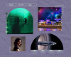 Four image collage on purple background. Images clockwise from top left: woman with her hands pressed against a gree glass wall, cityscape under two planets,  spaceship coming out of wormhole,  pale-skinned woman with shoulder-length wavy auburn hair