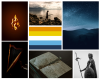 A 7 part photo collage. Upper left corner: An image of a flame. Bottom left corner: a harp on a dark background. Centre top: A human silhouette carrying a spear at a stony beach. Centre-middle: the aro-ace pride flag of horizontal stripes. Top to bottom: orange, yellow, white, light blue, dark blue. Centre-bottom: A photograph of a diary. The writing is illegible. Upper right corner: A starry night sky over some mountains. Bottom right corner: A statue carrying a spear and shield.