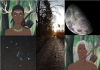 A five part moodboard. Top row left to right: A picrew image of a black woman with black hair and white eyes and antlers in a forest. A sunlit forest path with a dog's silhouette barely visible (fills the entire centre column). A photograph of the moon. Bottom row: Photograph of nightsky with stars. A picrew image of a black man with white hair and red facial markings in a forest.