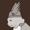 A pixel-style sepia picture of a cat in profile, wearing a cloak and a winged helmet.