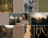 A moodboard of 4 text images and 7 photographs. The texts read "The Who", "You better you bet", "Lúthien" & "Celegorm". Top row photographs: A sunlit forest, and a grey dog. Middle row: A woman and a man lying in bed together. A motorcycle driving into the sunset. Bottom row: A man with a backpack crouching on a rock in the wilderness, a upper-body shot of an Asian woman, and two prosecco glasses clinking together