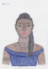 A coloured pencil drawing of Anairë, a black woman with dreadlocks in a bun and hanging over her shoulder. She is wearing a gold circlet, three gold necklaces with gems set in, and a blue off-the-shoulder gown with little golden stars woven into  the fabric