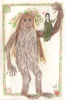 Rían perched on the arm of an Entwife who resembles an apple tree. There is a border around them with leaves and flowers. The Entwife's arm and toes stick out of the frame.