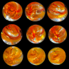 Photo collage showing nine aspects of a glass orb containing fiery swirls.