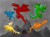 Digital art of five colourful dragons flying away from Angband. The style of the dragons is inspired by HTTYD and their cheerful colours contrast against the dreary grey of Angband and the sky.