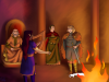 Digital artwork of Maglor playing a harp for Beowulf, Wealhtheow, and Hrothgar in a dim, firelit hall. Grendel's severed arm lies on the ground.