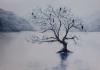 A monochrome painting of a tree in a calm lake on an overcast day with mountains in the distance