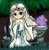 A drawing of Galadriel in the chibi style of The Legend of Zelda: The Wind Waker. She has a serious expression. Her hair flows down behind her. She has a white dress with long drooping sleeves and a sash, embroidered with the Two Trees. Her Mirror is to her right, and her left hand is resting on it. Purple smoke in polygonal shapes rises from the surface of the water. Vines wrap around the pillar. Galadriel's right hand is placed on her chest, and she wears her ring Nenya, which glows.