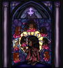 A digital stained glass-style illustration of Celebrimbor & his family. Celebrimbor is kneeling in the center. He wears a red robe with green holly accents and has long wavy black hair and brown skin. He holds a pink swirly flame in his hand, and above the flame is Curufin, seen from the shoulders up. The other Feanorians, who have sad expressions, are also seen shoulders up above their own pink flames, and they surround Celebrimbor in an arc.