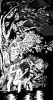 An extremely vertically-aligned image done in a comics-esque black and white style (save for a patch of extremely dark grey sky in the background, illuminated with twinkling white stars). Lanterns illuminate a small eddy in a river, enclosed by trees and plants, as Elros tends to the wounds of a crying, distraught, but cathartic Pengolodh