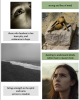 A moodboard with four photos and quotes. Nienna: a woman crying, a black sand beach, the quotes: "those who hearken to her learn pity and endurance in hope" and "brings strength to the spirit and turns sorror to wisdom." Nerdanel: stone-carving tools on a block of stone, a red-headed woman looking up and the quotes "strong and free of mind" and "desiring to understand minds rather than to master them."