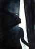 Watercolour painting of a person in silhouette looking through a curtain