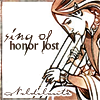 A brown and white artwork of Maglor and a harp, with the words "Noldolantë sing of honor lost"