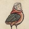 drawing of bird with medieval monk's head