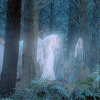 A screenshot from the FotR movie showing the Elves travelling through the Shire to the Havens.