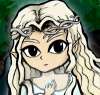 Artwork of Galadriel in the woods holding her hand to her chest with Nenya shining. She is drawn in the style of The Legend of Zelda: The Wind Waker.