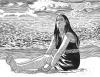 drawing of a dark-haired woman sitting on the beach