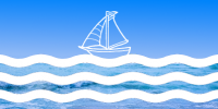 Flag of Team Balar - outline of a sailboat in white, above stylized waves in white. Background is a tropical sea and sky.