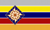 House of Finwe flag with Finwes crest over silver, yellow, blue, red, and gold stripes