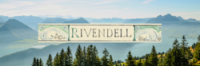 Tolkien's caption of his Rivendell painting (simply reading "Rivendell") superimposed above a picture of a mountain range. The mountains are blue with haze and there is a row of pine trees in the foreground.
