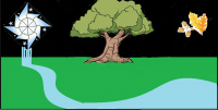 The wood-elves flag, designed by Kaylee, edited by UE. It is a black and green background. It has a stream flowing into a pool from Elu Thingol's symbol in the top left corner. In the center is a large tree. In the top right corner is a clutch of oak leaves and acorns.