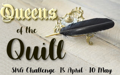 Queens of the Quill challenge banner with a black feather quill resting on a gold inkstand