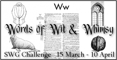 Words of Wit & Whimsy challenge banner with black and white drawings of W words