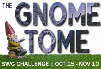 Gnome Tome challenge banner with a garden gnome reading a book