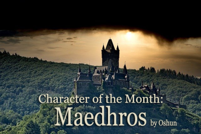 Banner shows fortress on a hill against a golden sunset and reads Character of the Month - Maedhros by Oshun