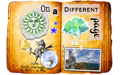 April 2022 SWG challenge On a Different Page April 15 - May 15 banner shows a book filled with clippings based on Tolkiens non-Arda works